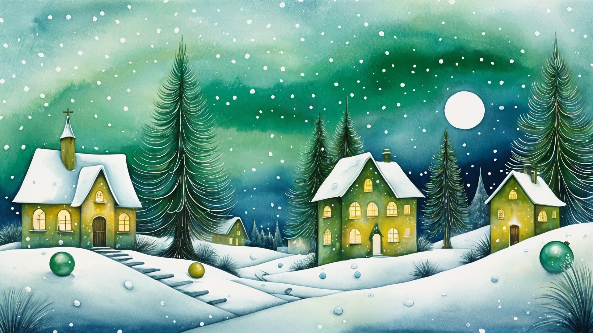 Serene Winter Landscape with Snowy Houses and Moonlight