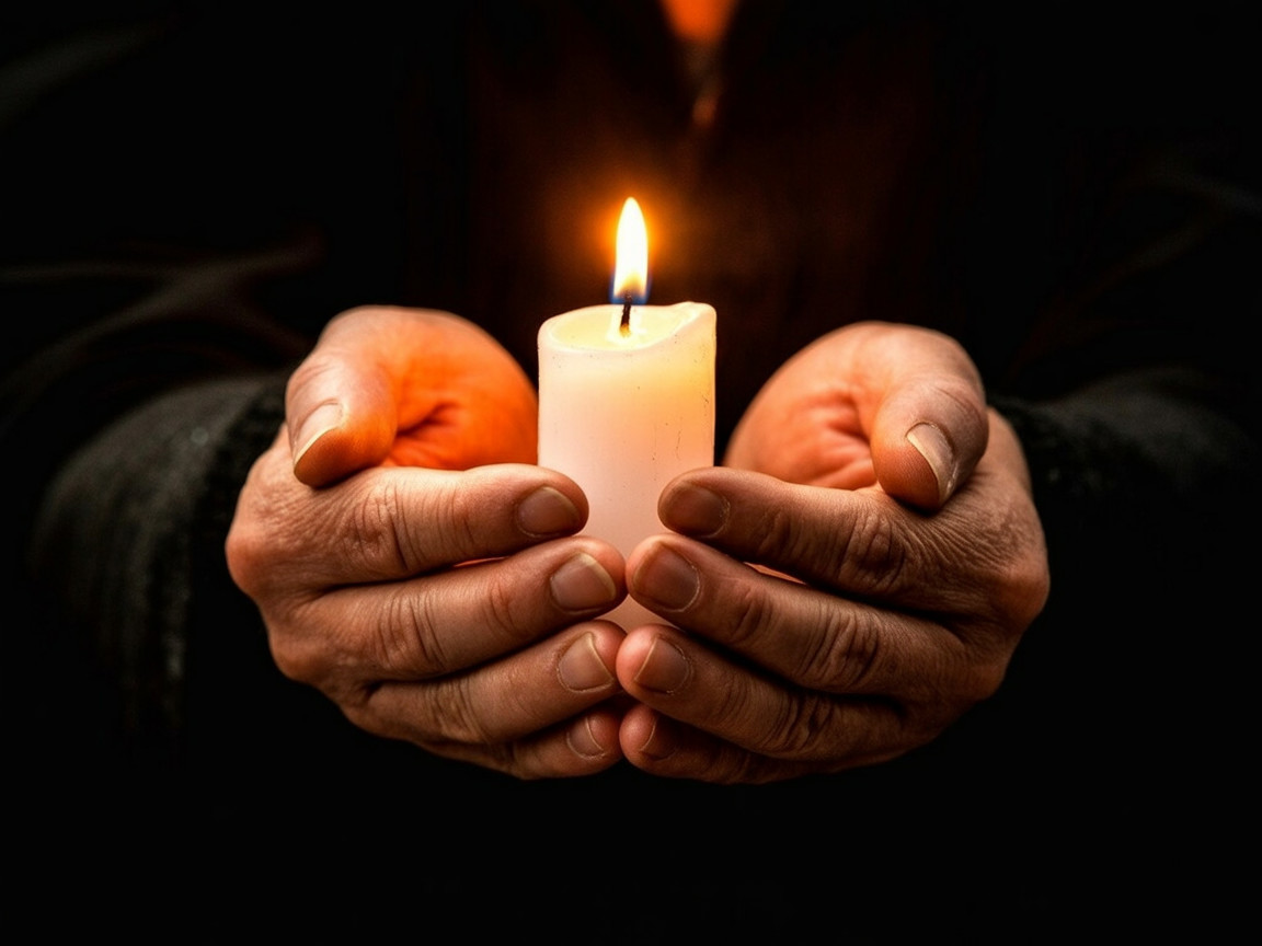 Hands Cradling a Lit Candle in Soft Light