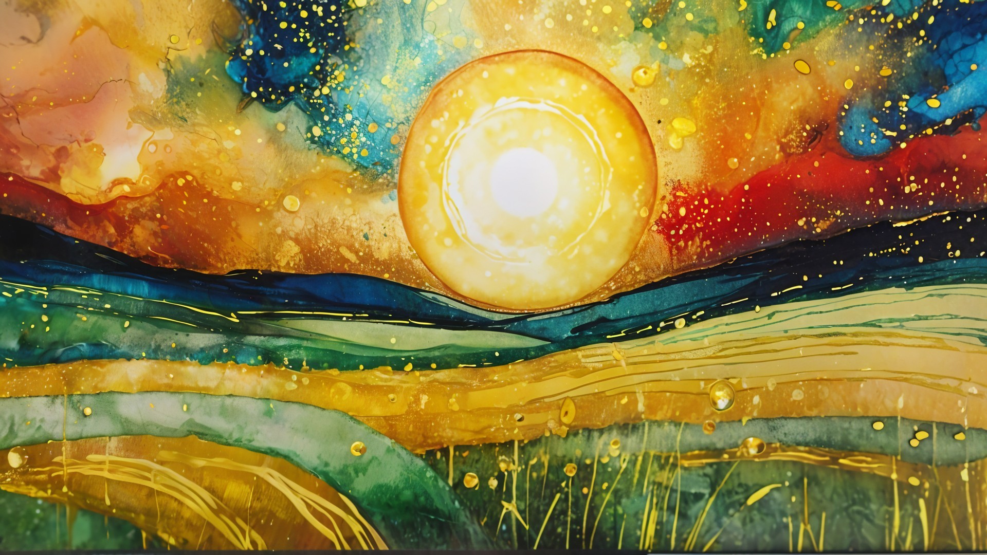 Vibrant Abstract Landscape with Glowing Sun and Hills