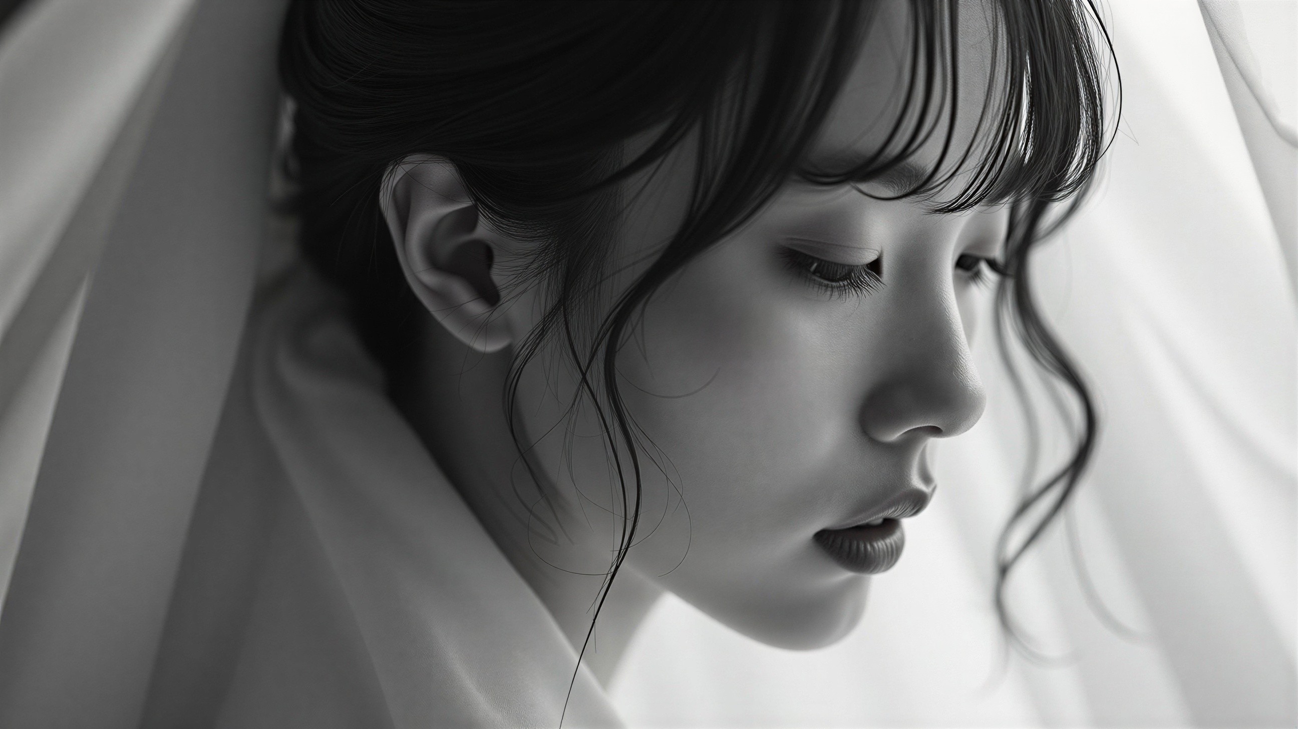 Close-Up Profile of a Young Woman in Monochrome