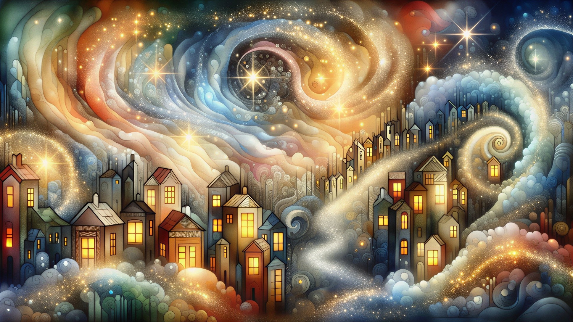 Whimsical Night Scene with Vibrant Colors and Stars
