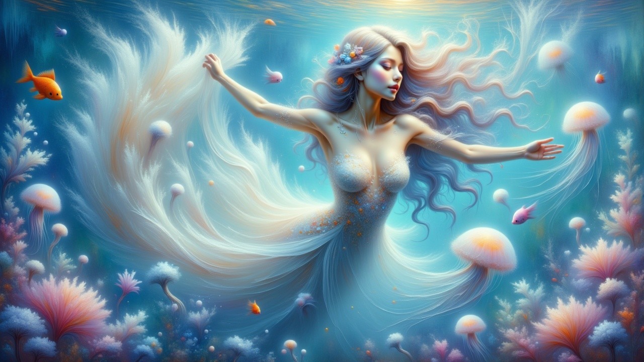Mermaid in a vibrant underwater scene with fish and jellyfish