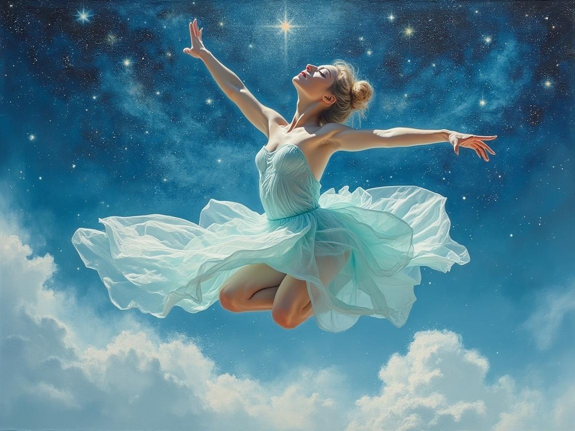 Dancer in Light Blue Dress Against Celestial Background