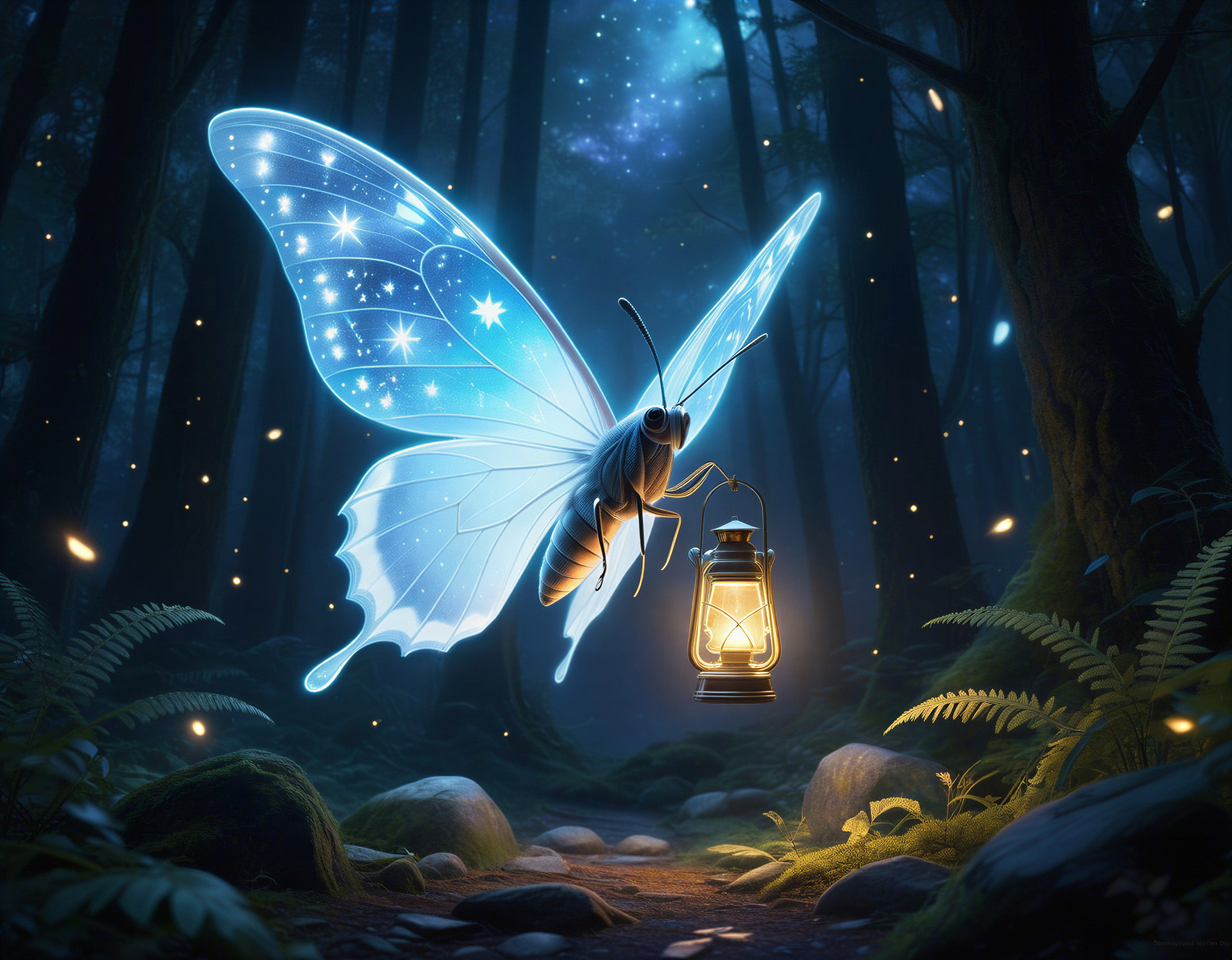 Luminous Butterfly in a Dark Forest with Lantern