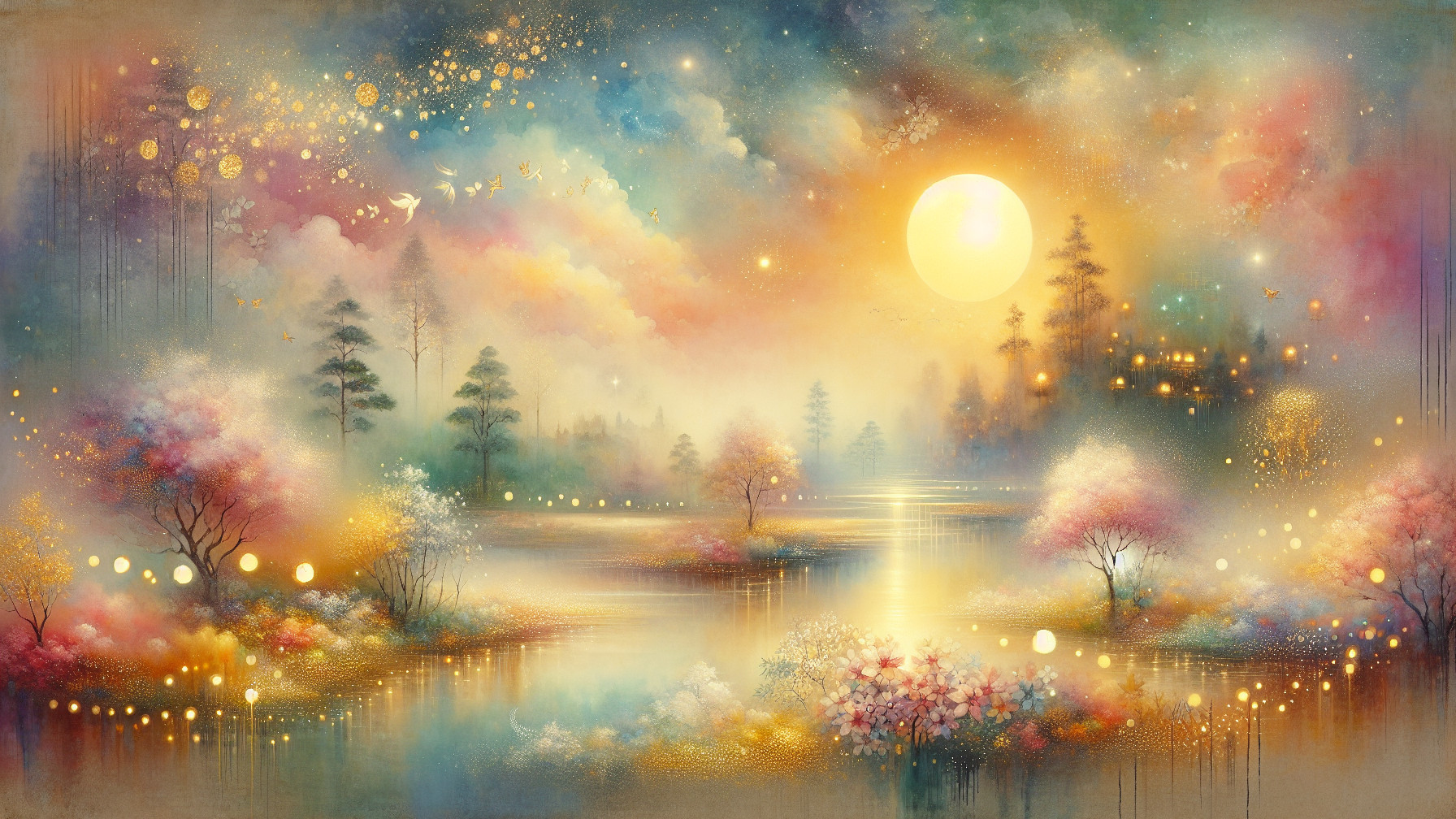 Serene Landscape with Pastel Hues and Calm Lake