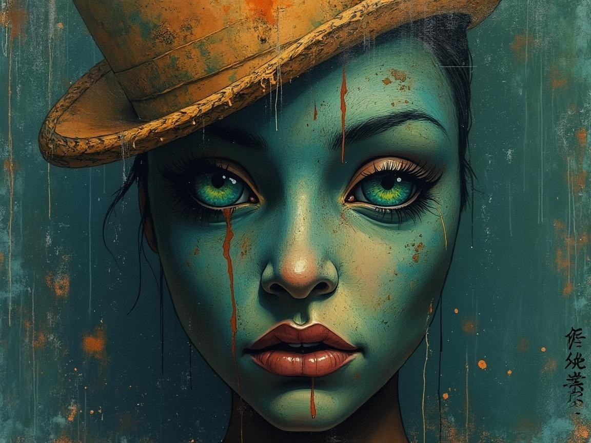 Portrait of a Woman with Turquoise Face and Top Hat