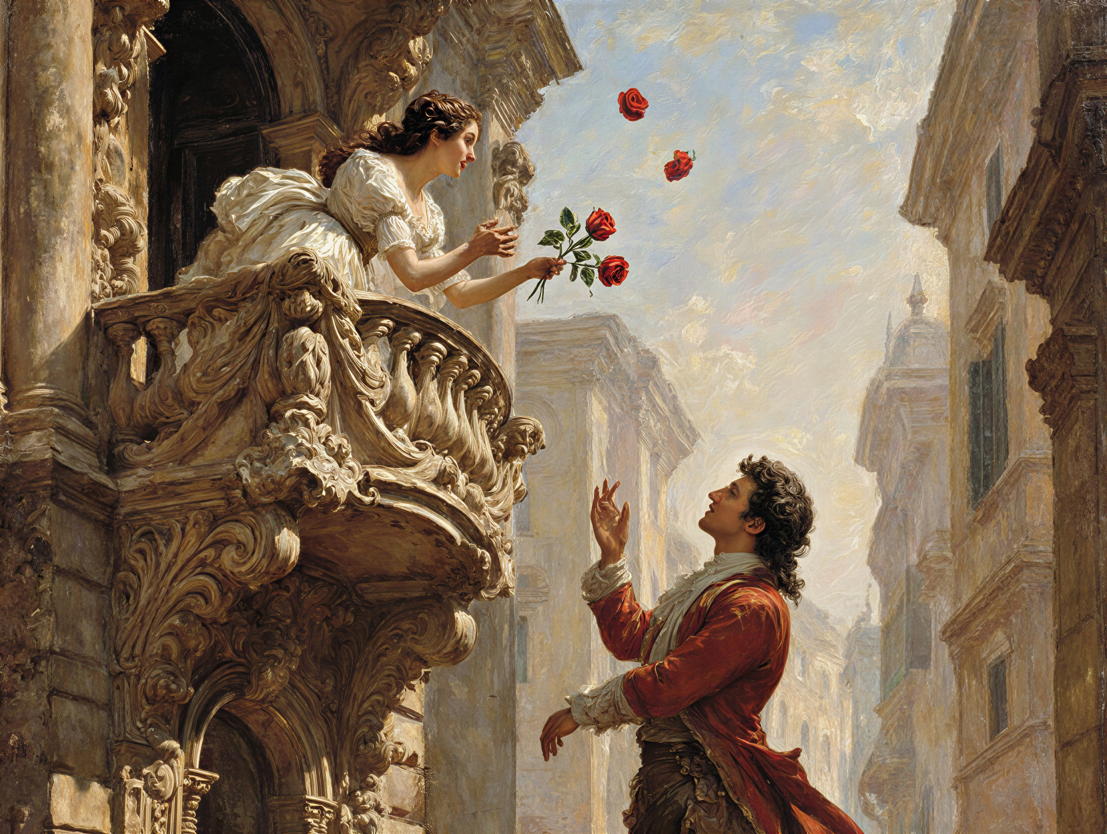 Romantic Scene of Woman in White Dress on Balcony