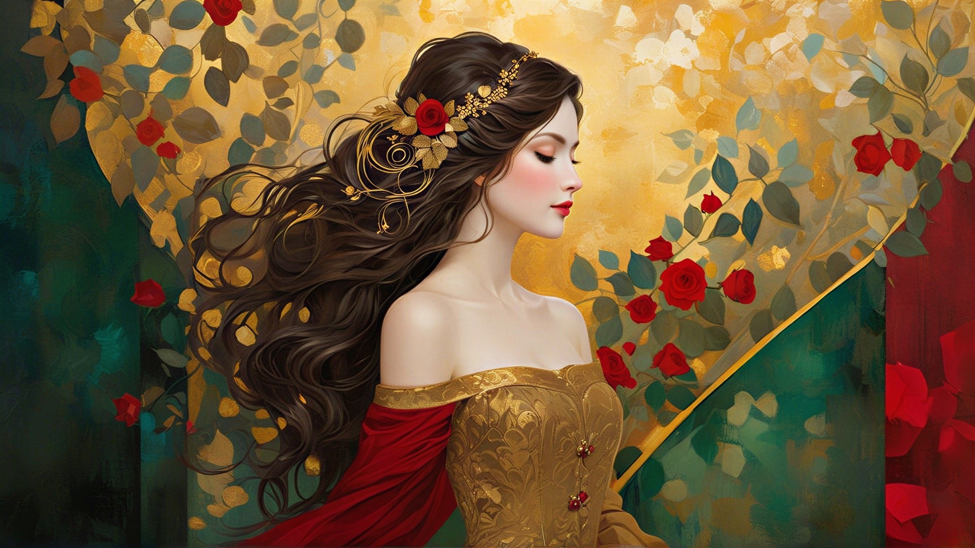 Elegant Woman in Golden Gown with Floral Hairpiece