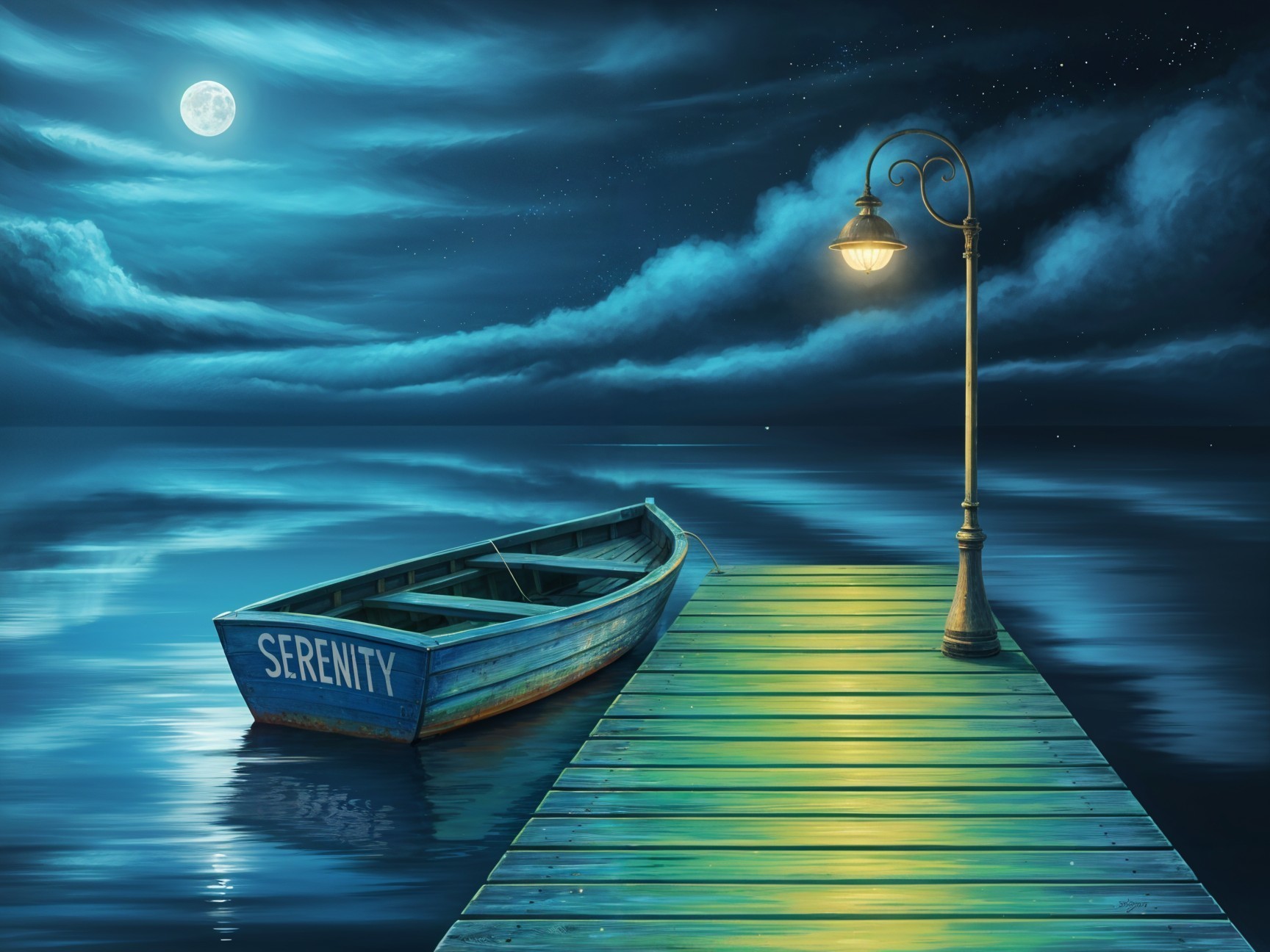 Tranquil Scene with Boat and Moonlit Dock