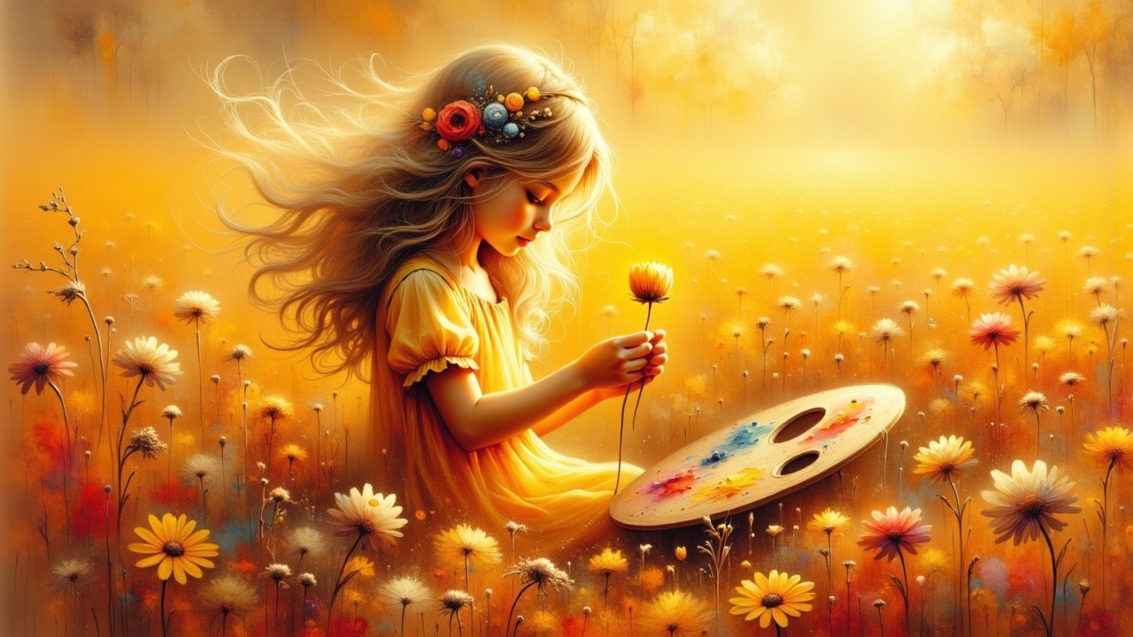 Young Girl in Yellow Dress Surrounded by Daisies