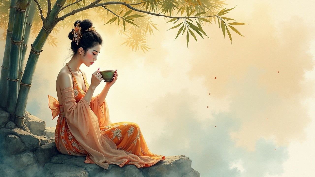 Young Woman in Orange Outfit by Bamboo in Pastel Scene