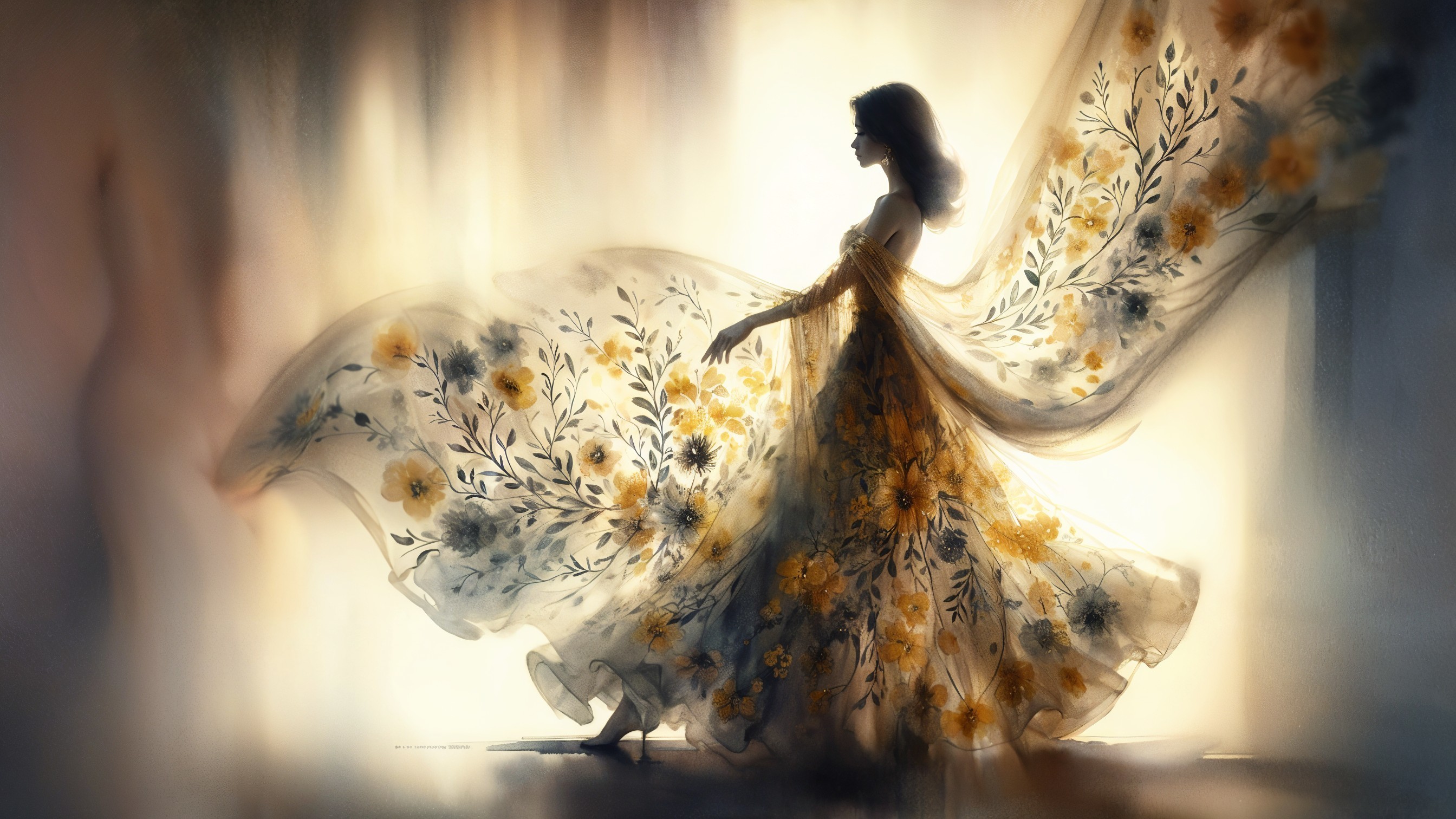 Silhouette of a Woman in a Floral Gown Dance