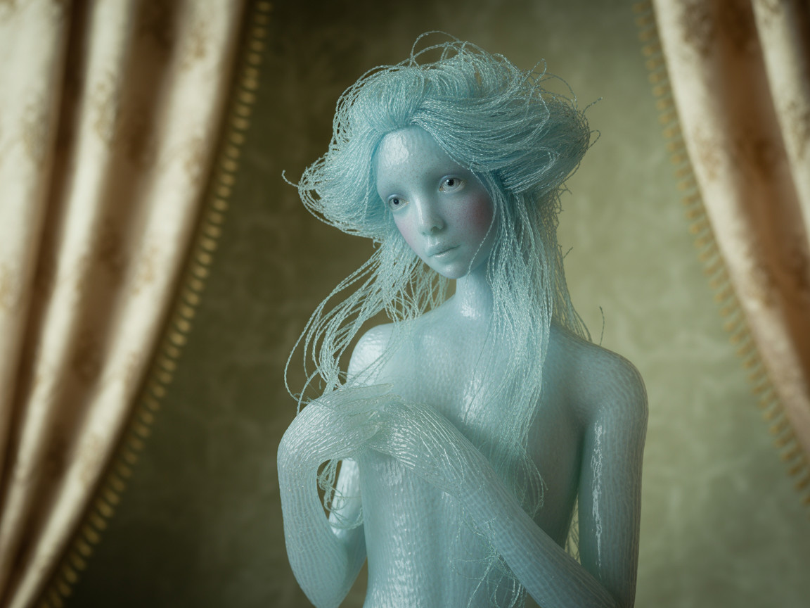Translucent Ethereal Figure with Flowing Hair and Curtains