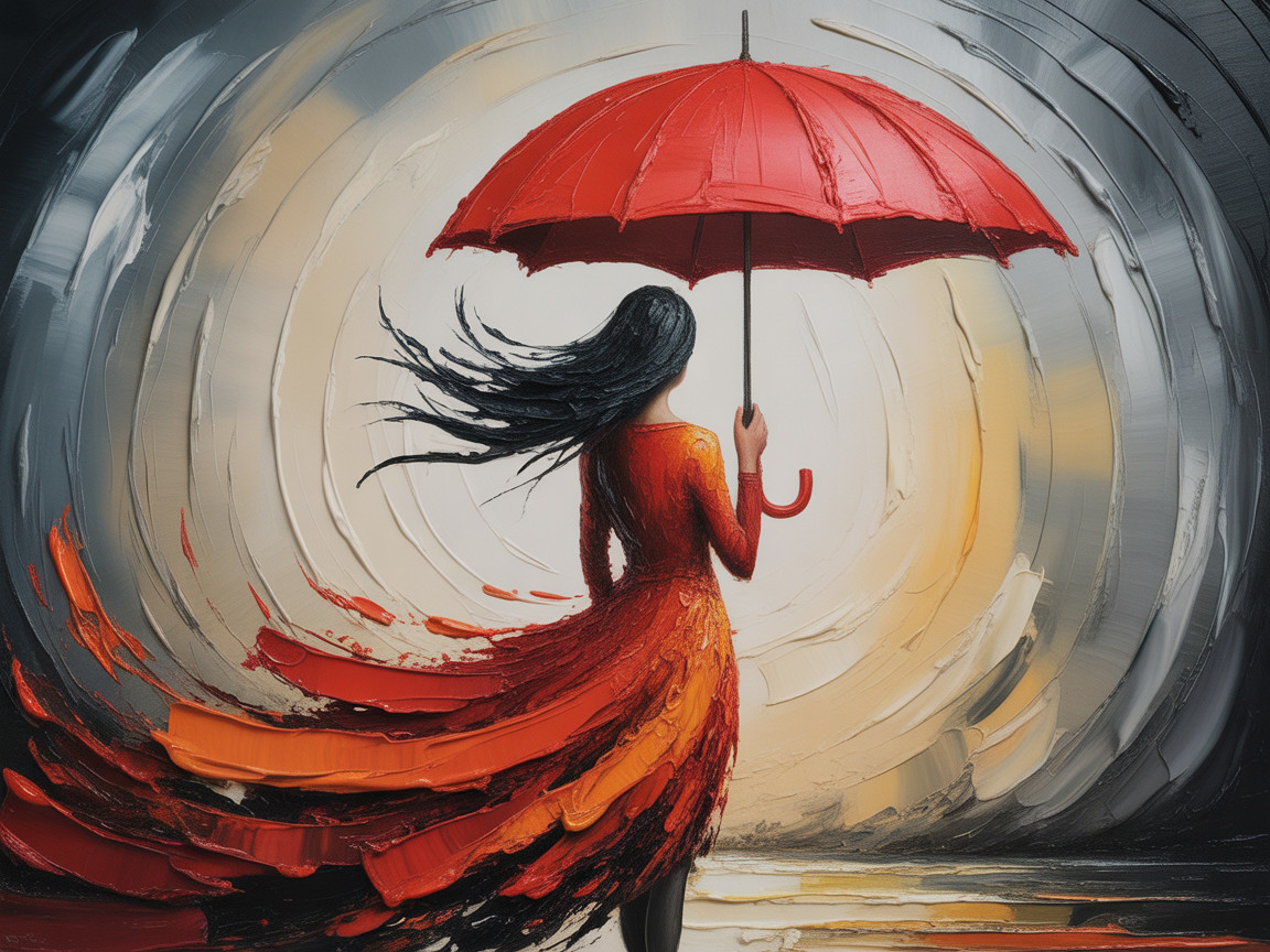 Woman in Red Dress with Umbrella in Abstract Landscape