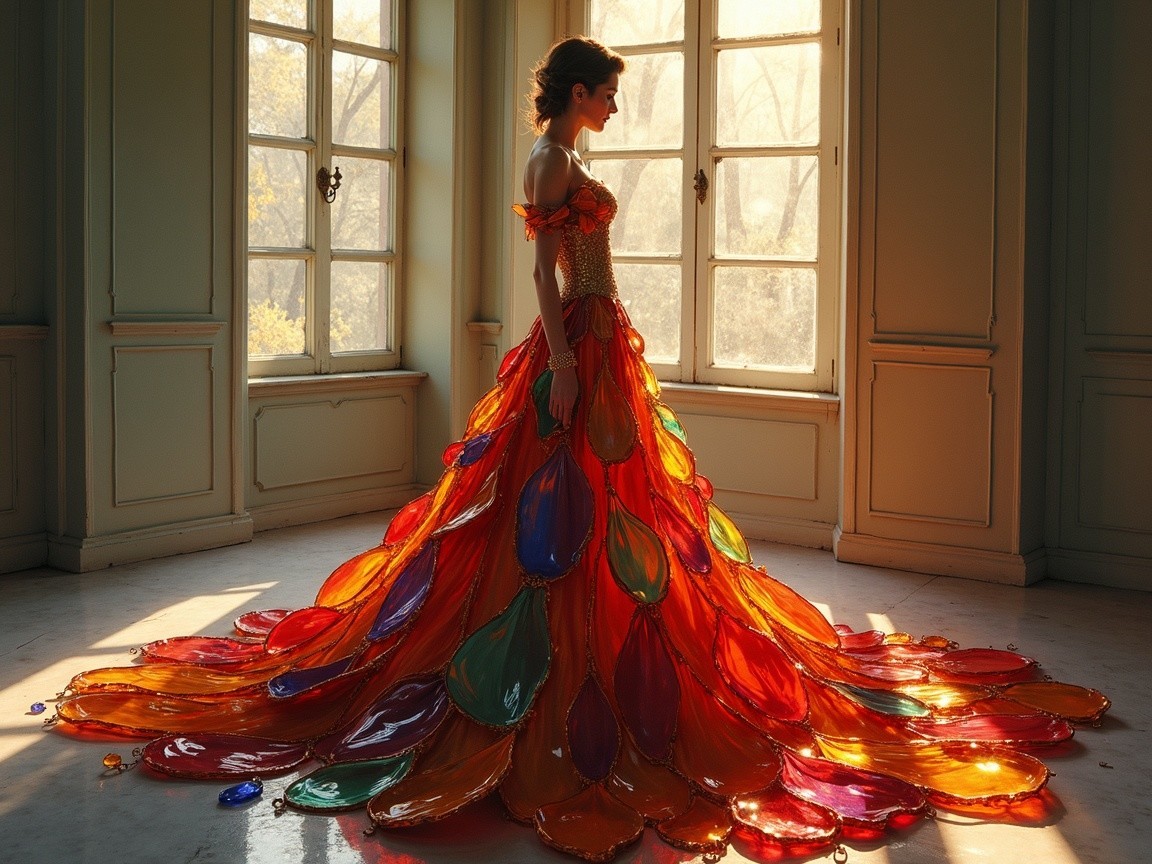 Silhouette of a figure in a vibrant gown in sunlight