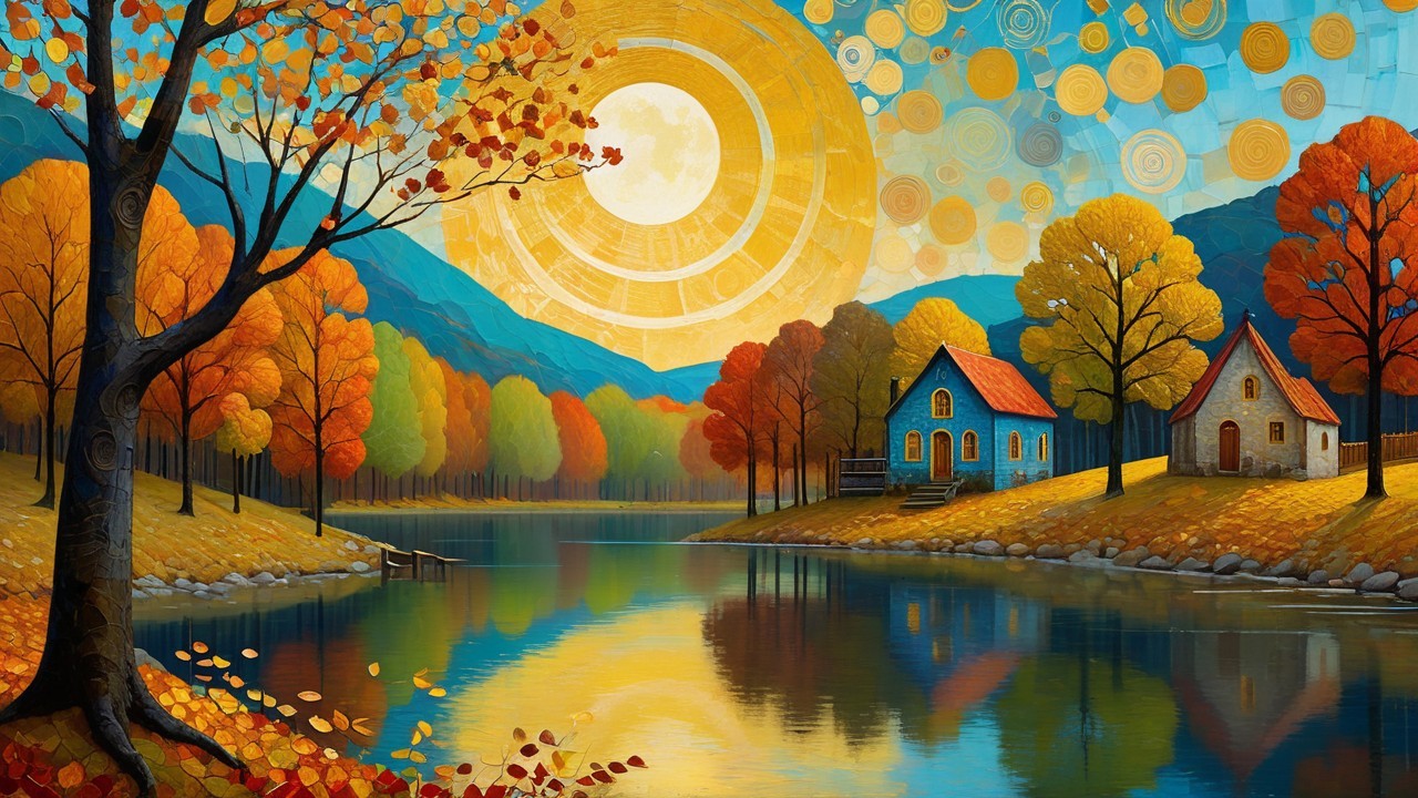 Autumn Landscape with Cottages and Serene Lake