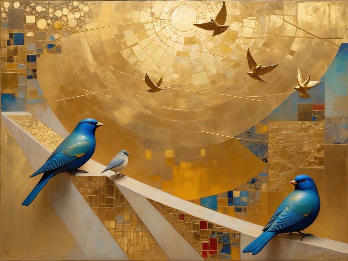 Vibrant Bluebirds on Geometric Platform with Golden Background