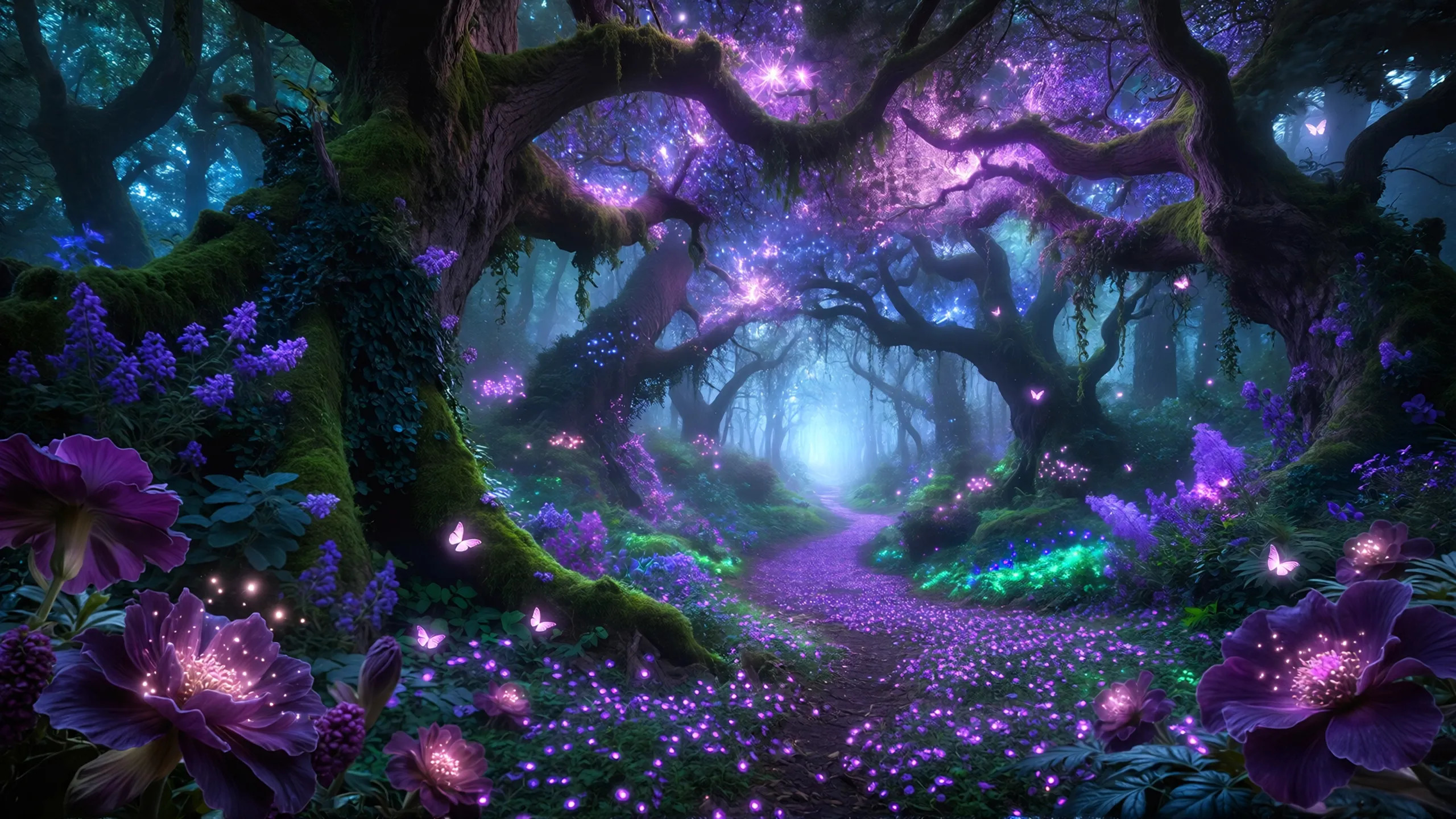Magical Night Forest with Glowing Flora and Fauna