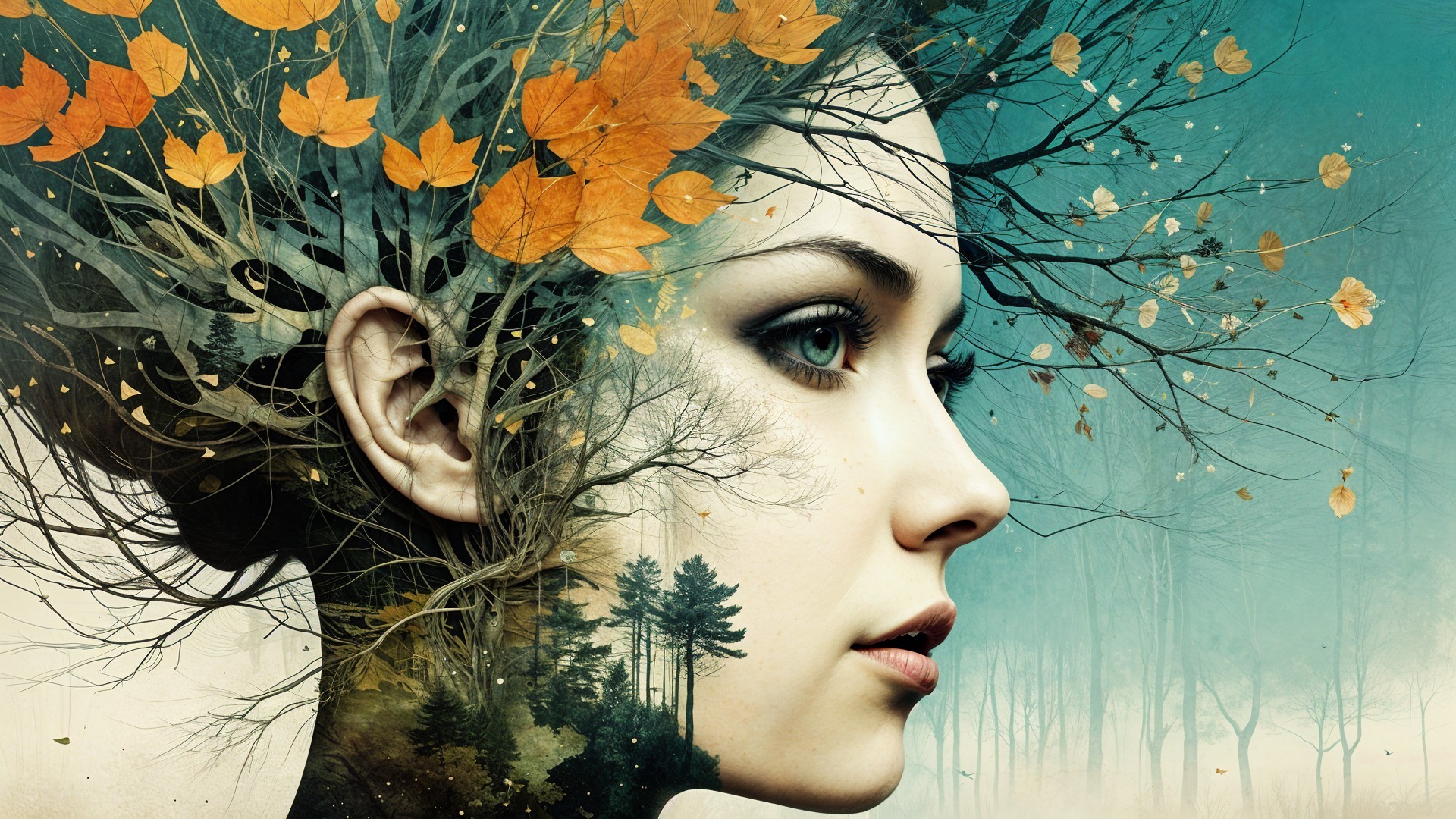 Surreal Portrait Blending Woman's Profile with Nature
