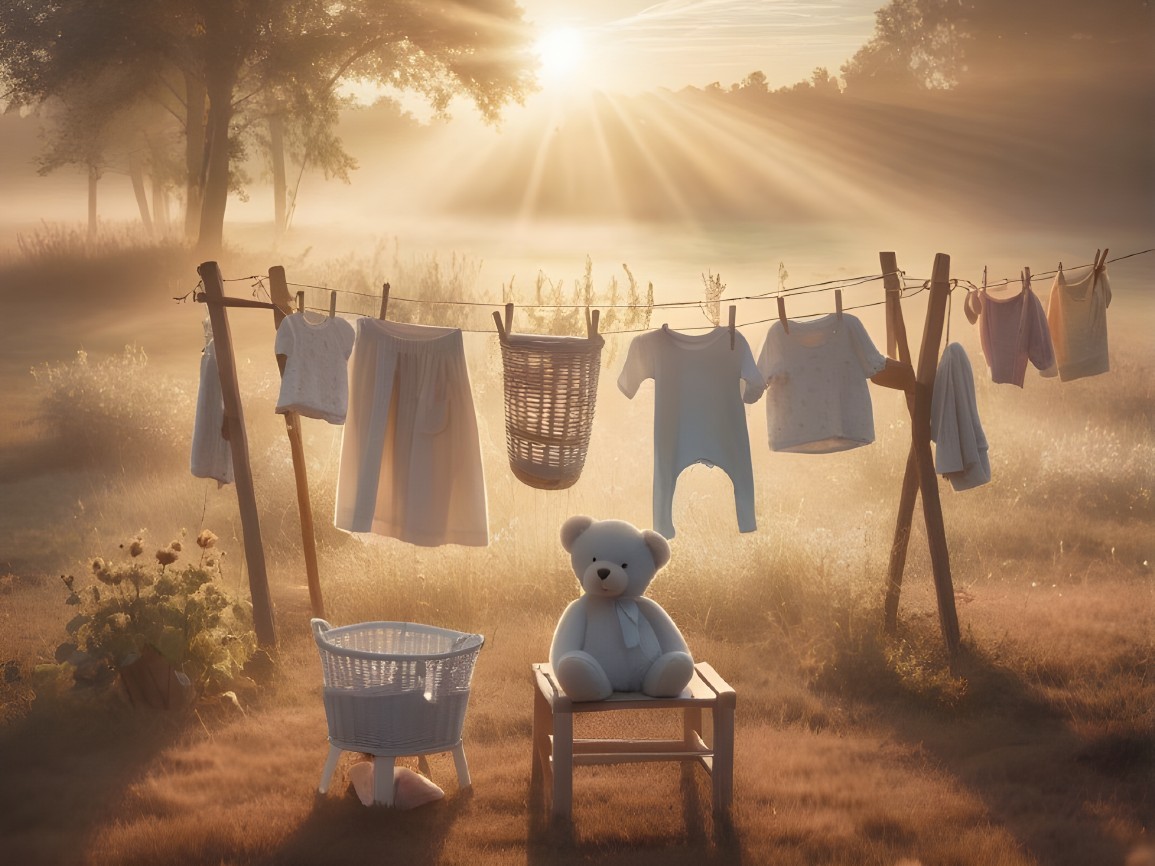 Serene Morning Scene with Baby Clothes and Teddy Bear