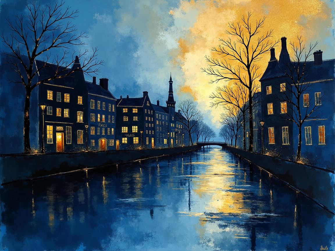 Twilight Canal Scene with Charming Buildings and Trees