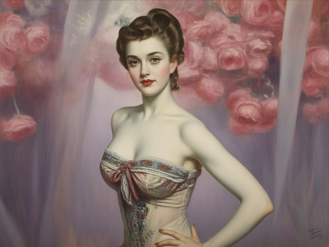 Woman in Vintage Corset Surrounded by Pink Roses
