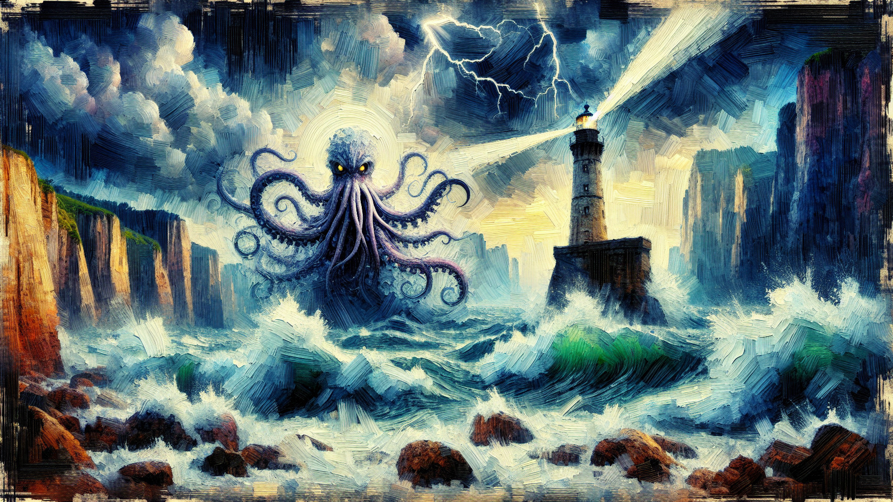 Colossal Octopus in Dramatic Seascape with Lighthouse