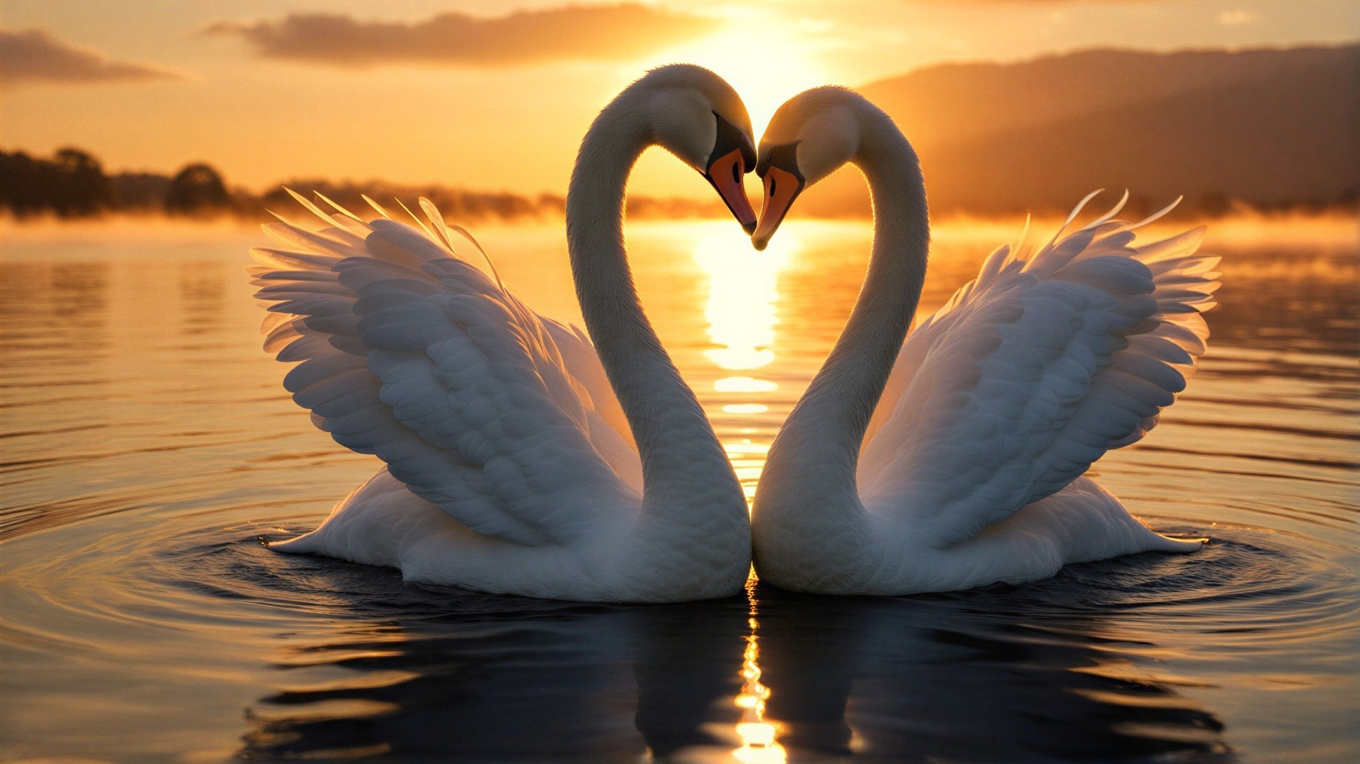Swans Form Heart Shape on Serene Lake at Sunset
