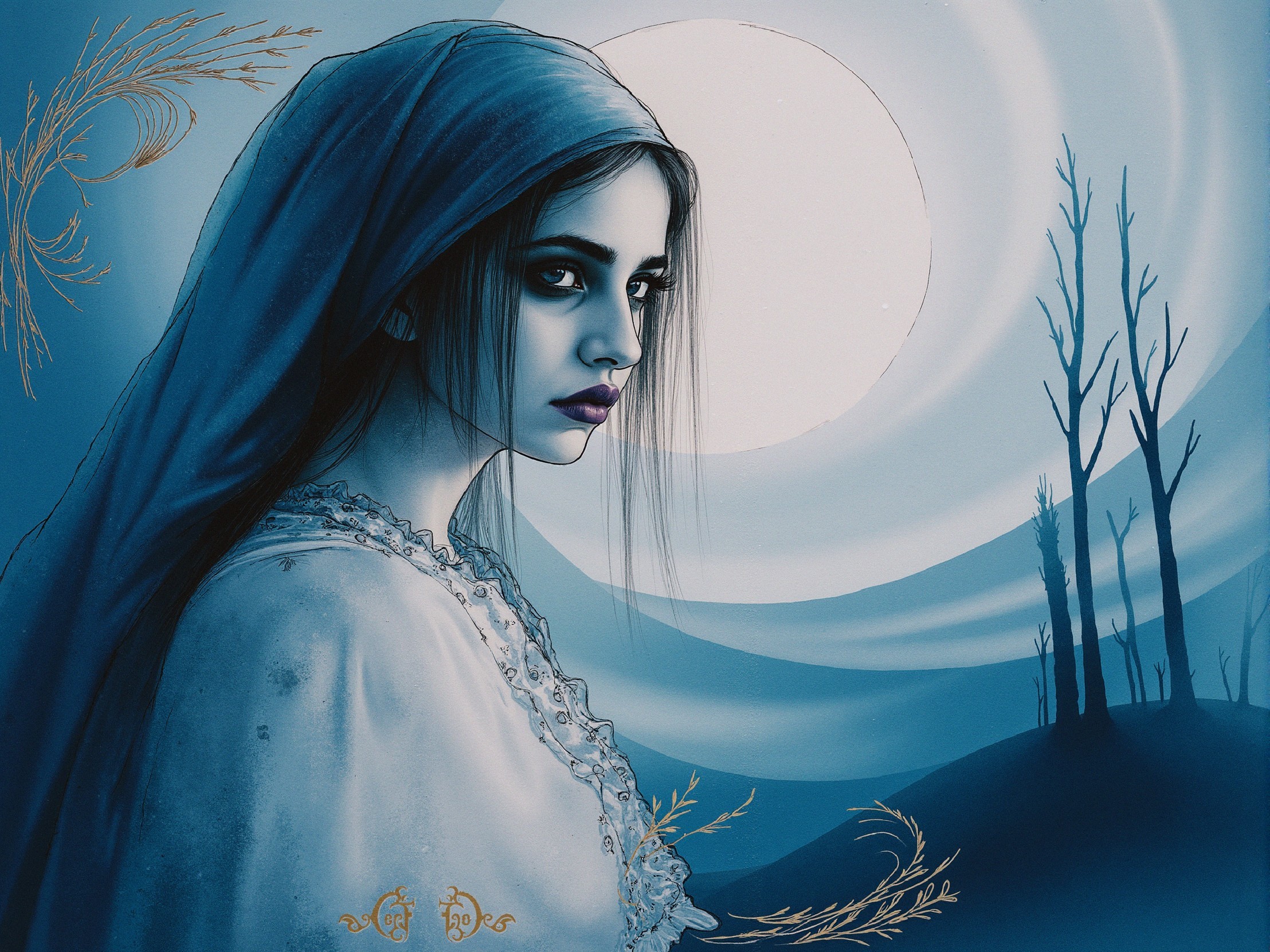 Serene Woman in White Robe with Moonlit Landscape