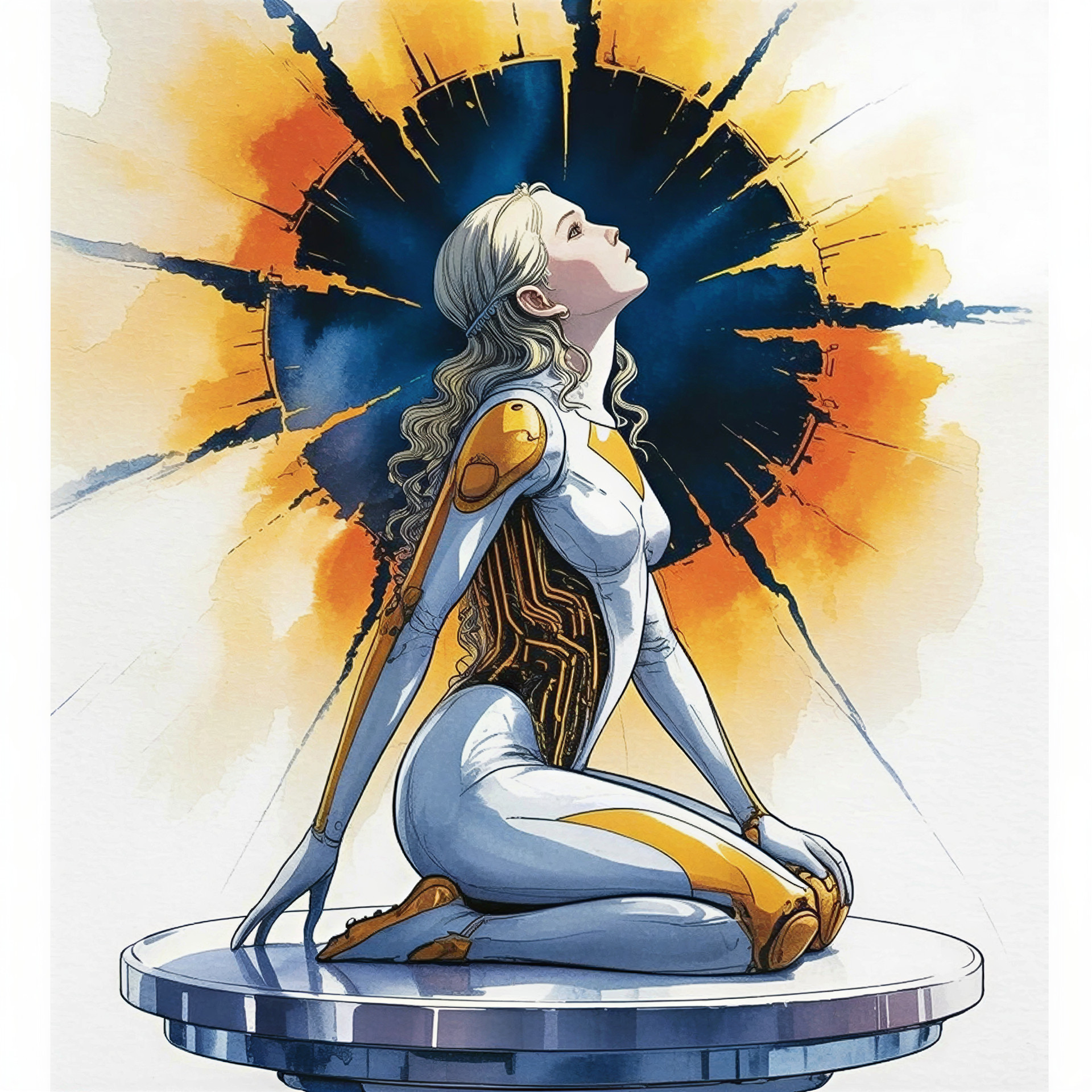 Futuristic humanoid figure on a sleek platform