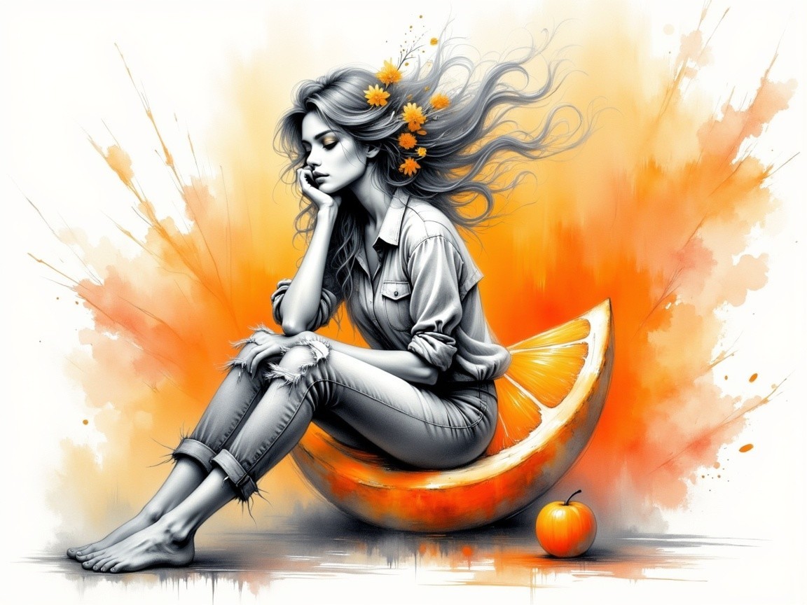 Contemplative Woman on Vibrant Orange Slice Scene