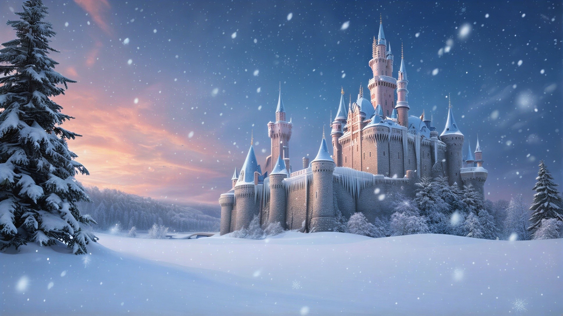 Castle in a Snowy Landscape at Twilight