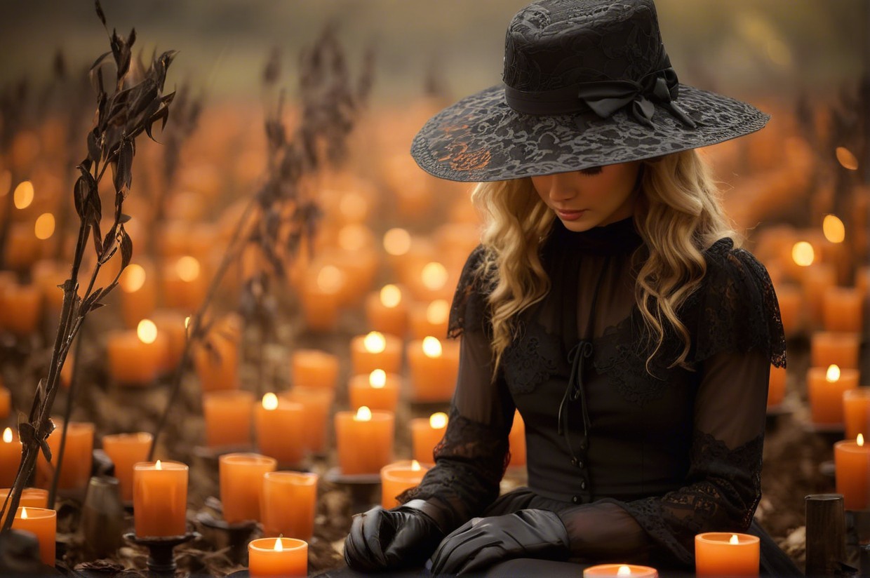 Woman in Black Dress Surrounded by Orange Candles