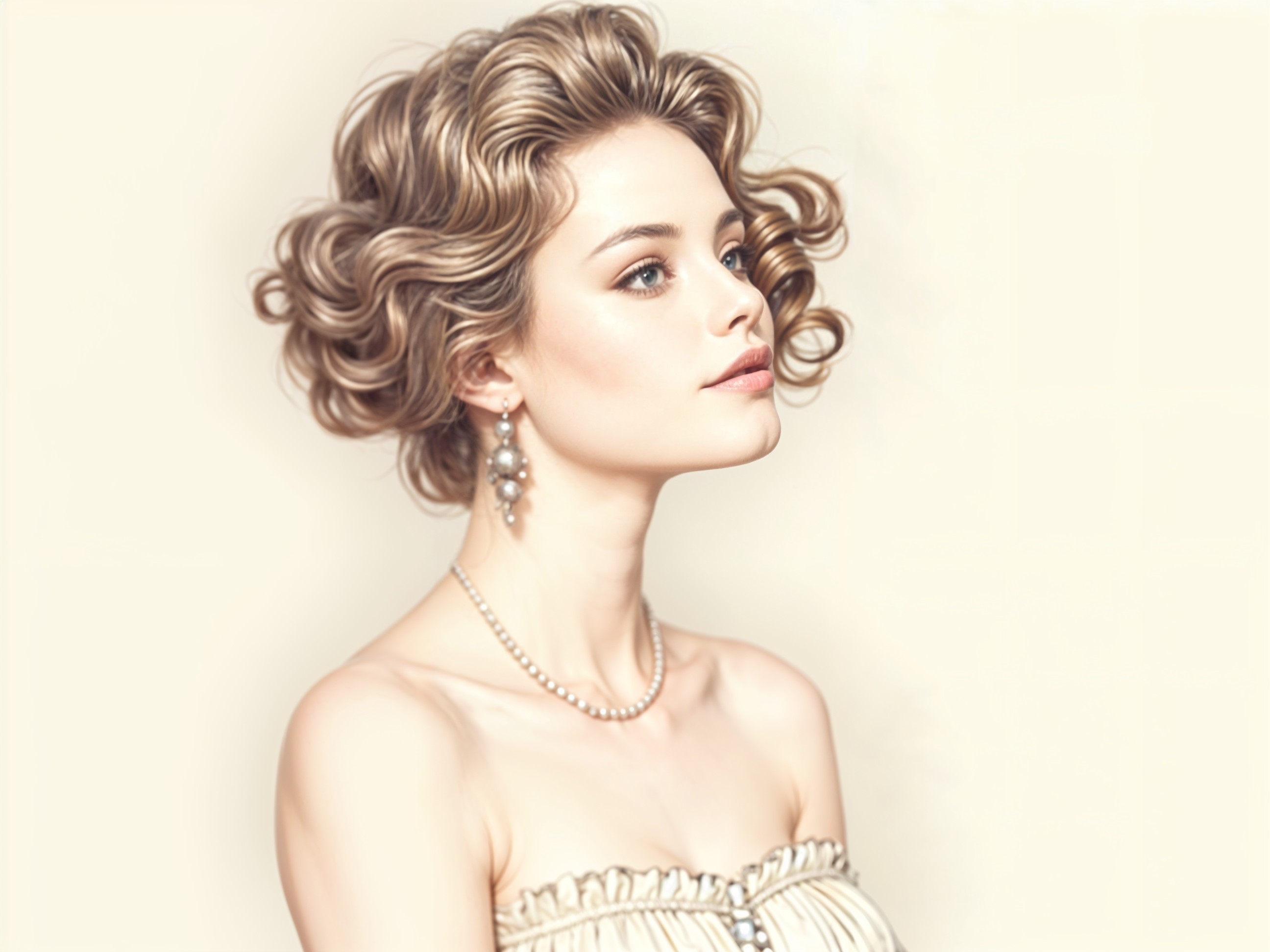 Young woman with defined curls and elegant accessories