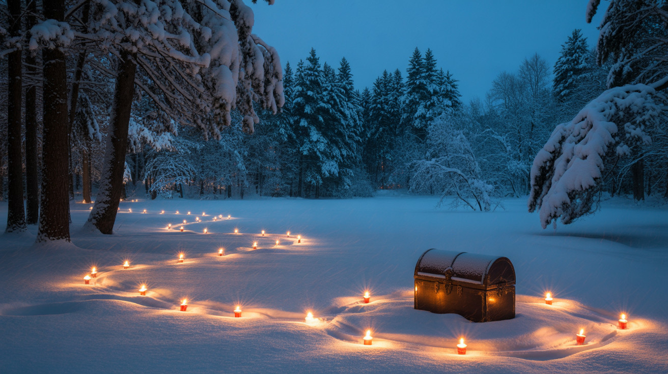 Winter Forest Scene with Candlelit Path and Chest