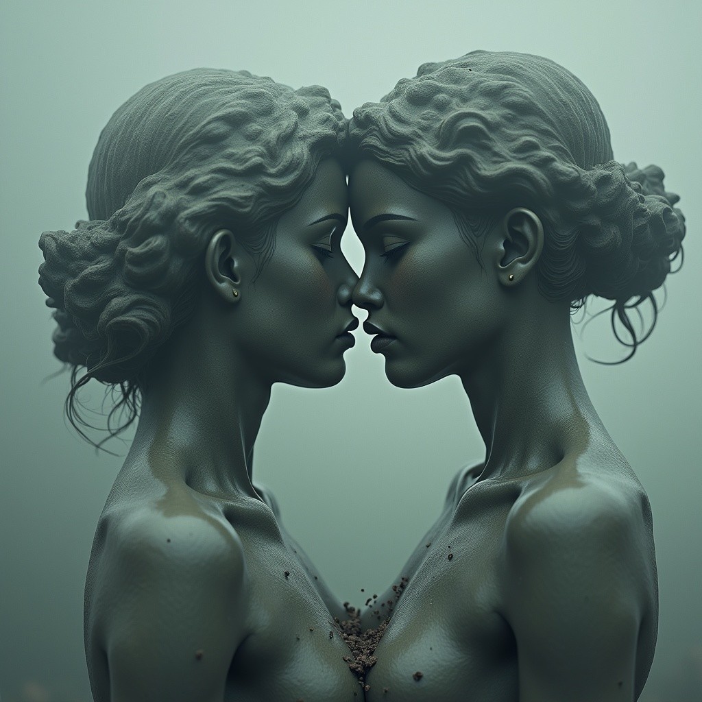 Identical Female Figures in Serene Embrace with Gray Background