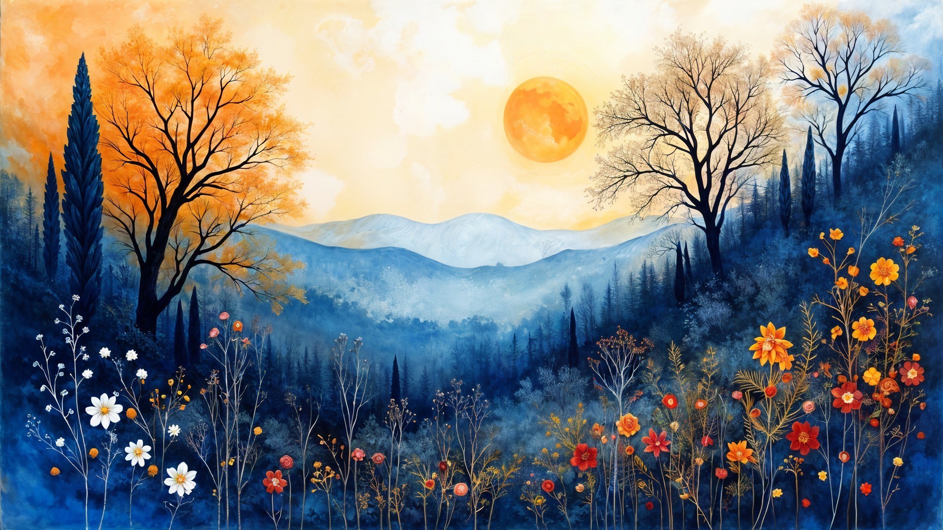 Autumn Landscape with Twilight Sky and Wildflowers