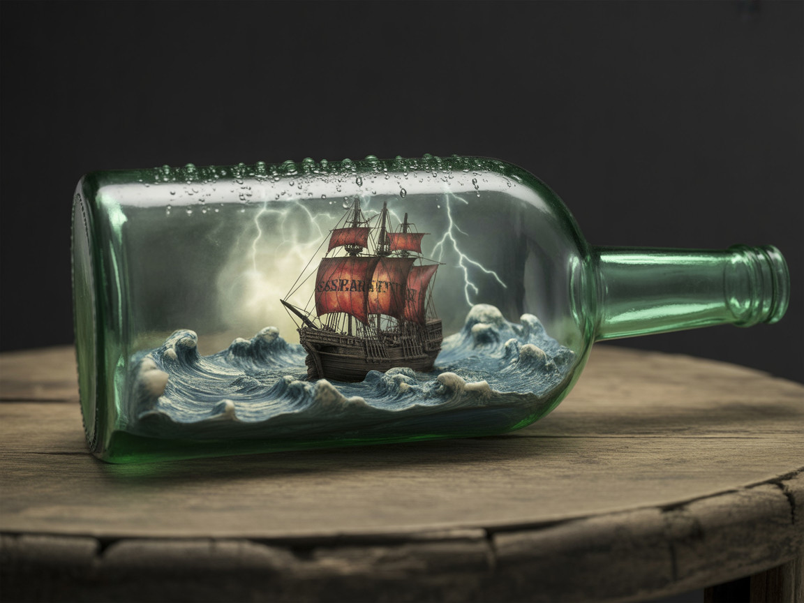 Ship in Glass Bottle with Red Sails and Stormy Waves