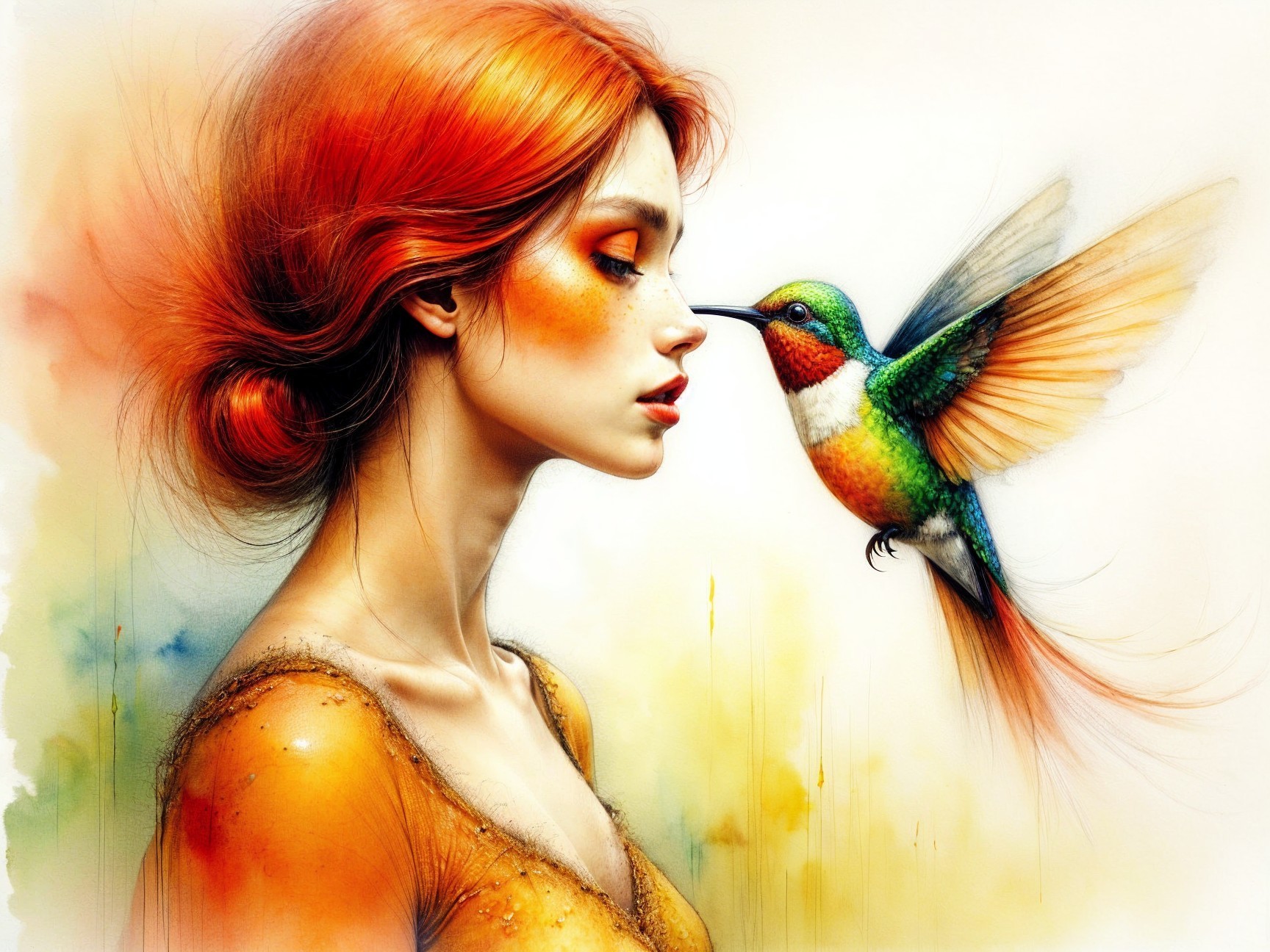 Ethereal Portrait of Woman with Hummingbird Interaction