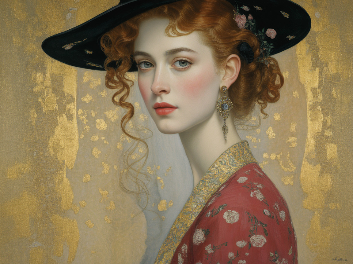 Young woman with red curls in floral attire and hat