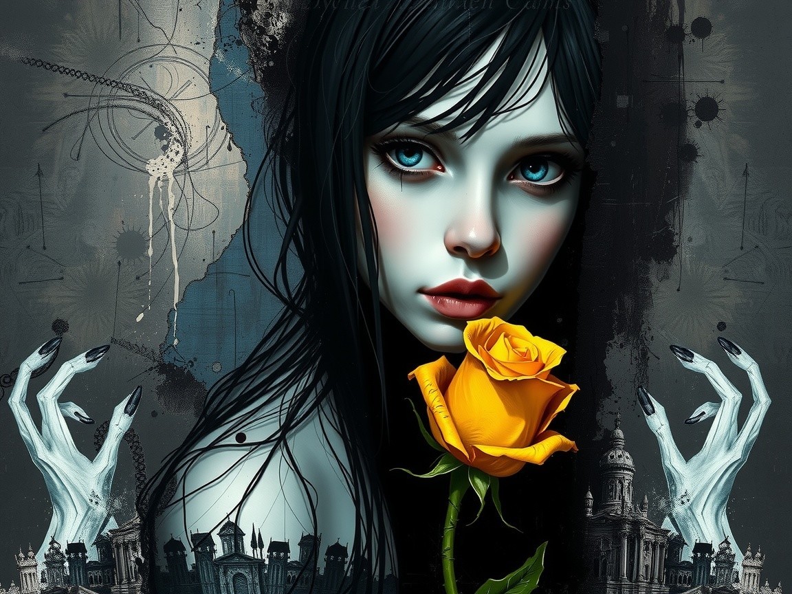 Ethereal Figure with Dark Hair and Yellow Rose