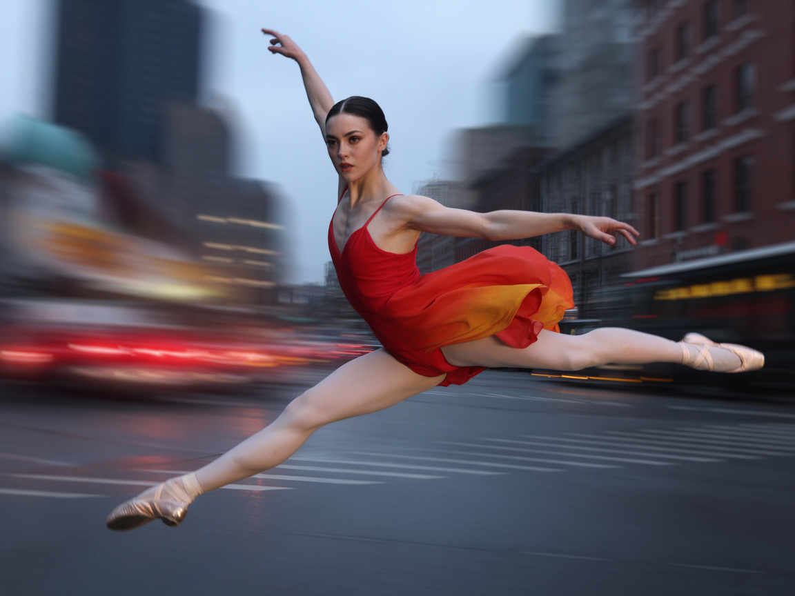 Ballerina Leaping in Red and Orange Dress in City