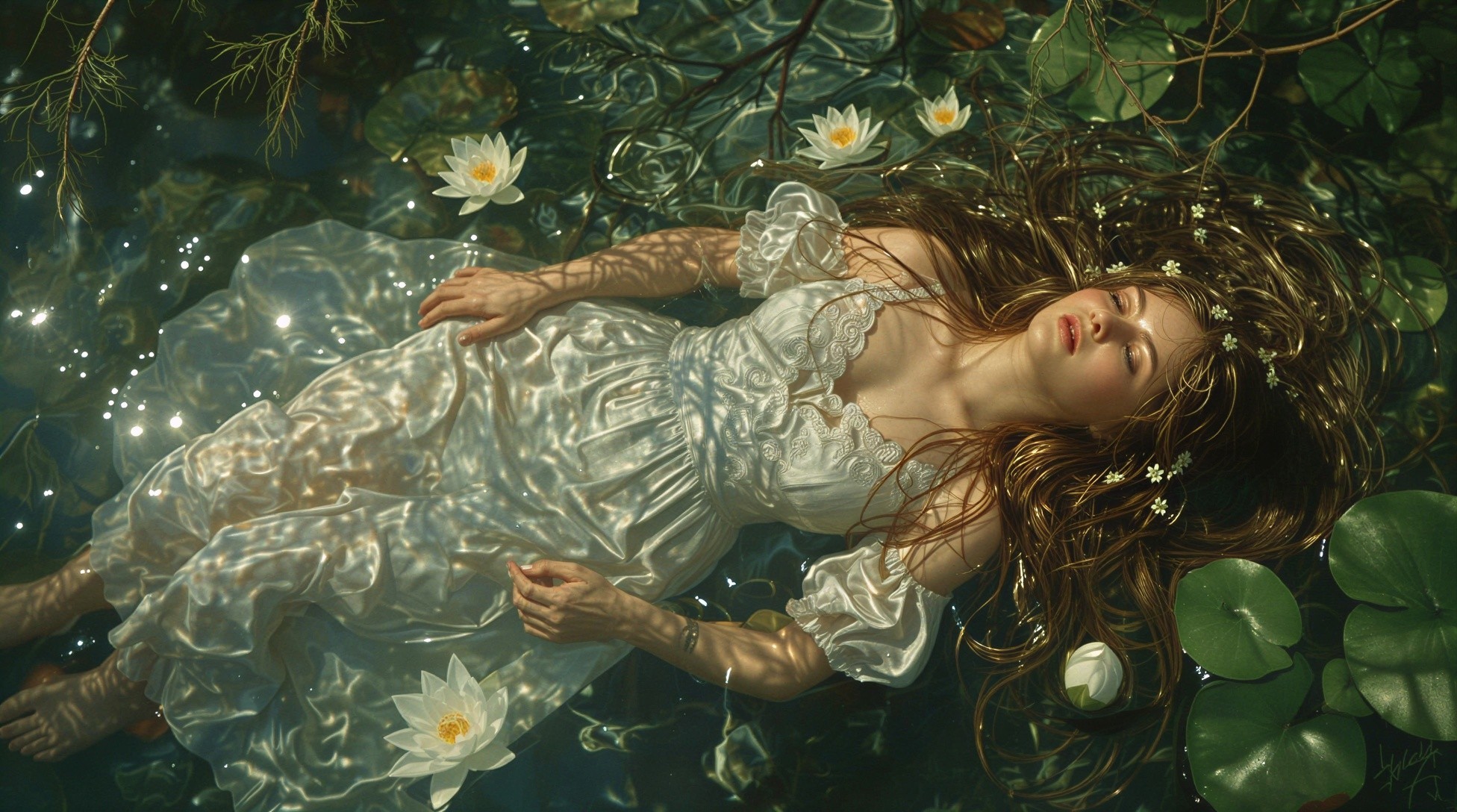 Young Woman on Still Water Surrounded by Lotus Flowers