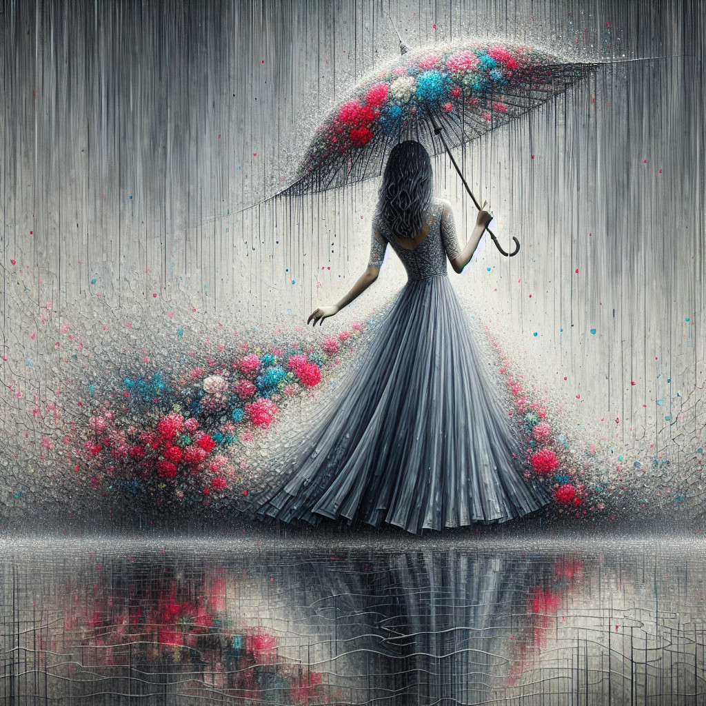 Graceful figure with umbrella in colorful rain scene