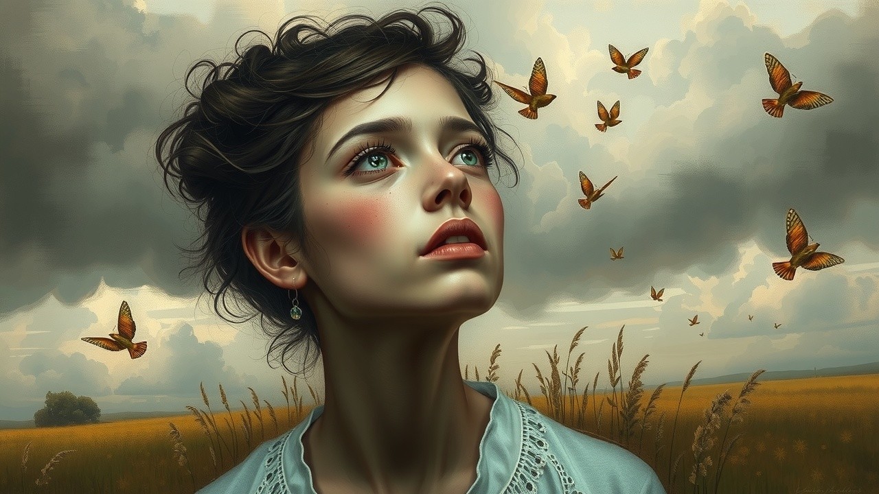 Young Woman Surrounded by Butterflies and Nature
