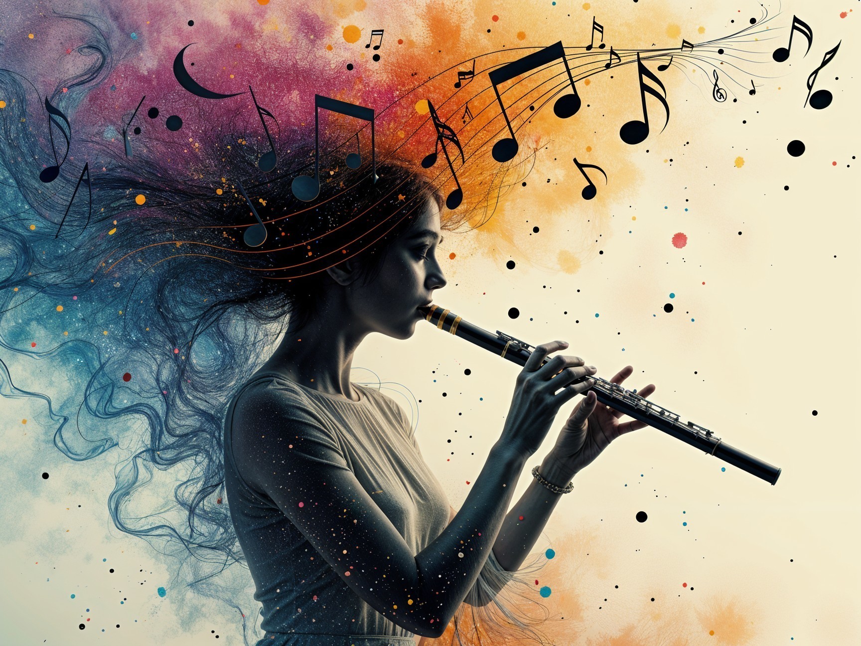 Silhouette of Woman Playing Flute with Colorful Background