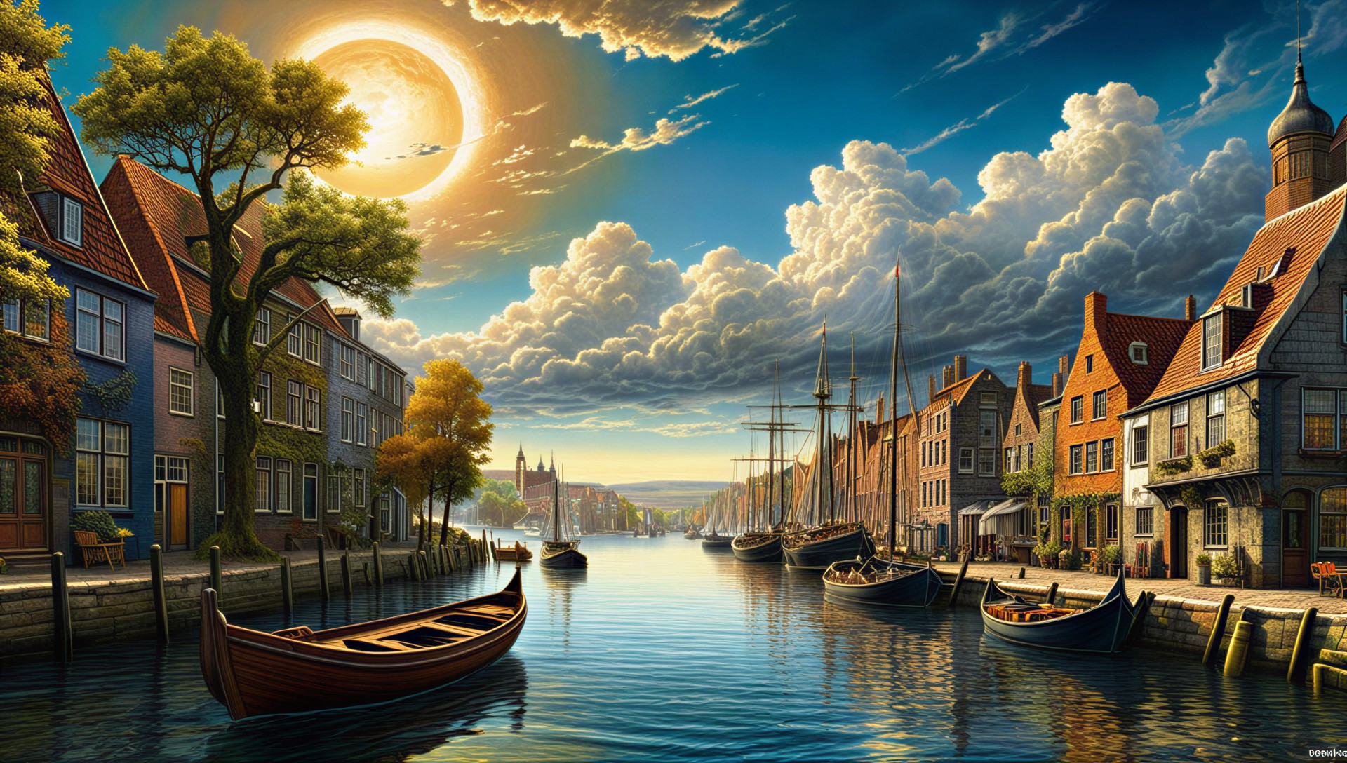 Charming Waterfront Scene with Colorful Houses and Sailboats
