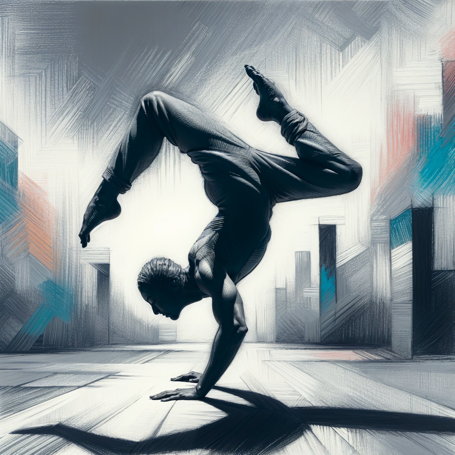 Muscular Dancer in Handstand Against Urban Background
