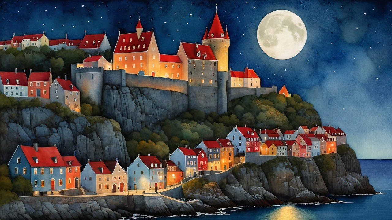 Picturesque village on a cliff with castle and moonlight