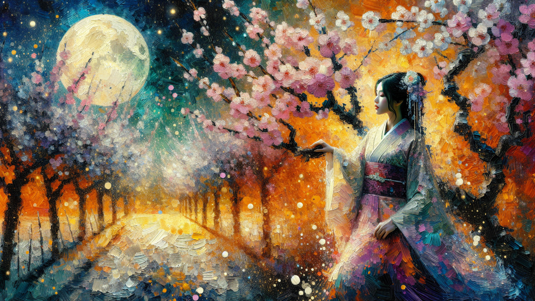 Serene scene of a woman among cherry blossoms at night